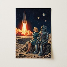 Listing image for Retro Space Scene With Woman And Robot Watching Rocket Launch Wall Art Print